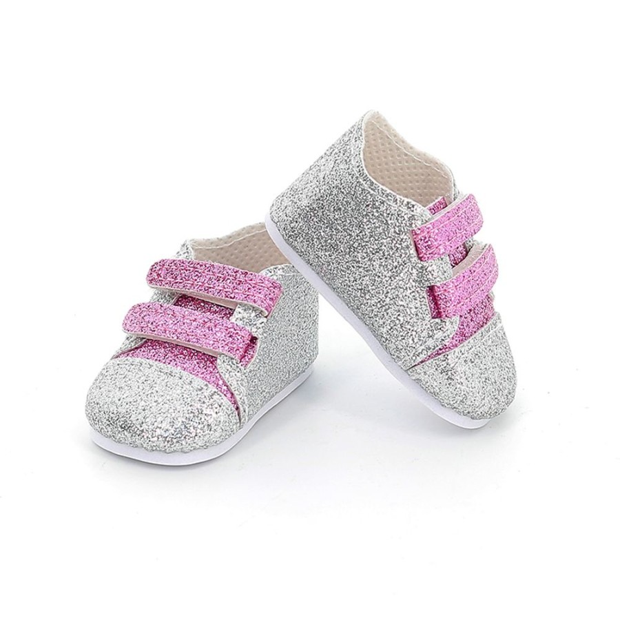 Poupees Petitcollin Vilac Chaussures | Baskets Rose Et Argent Pour Poupee T39 A 48Cm