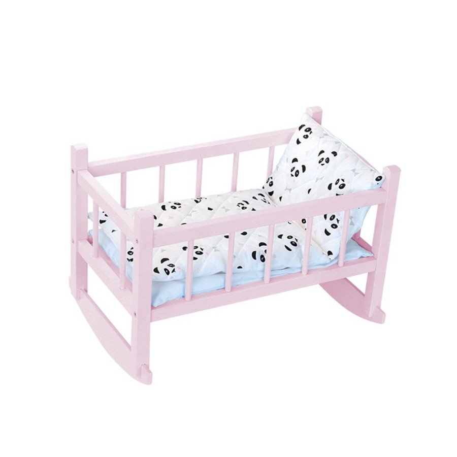 Poupees Petitcollin Vilac Couffins Et Lits | Lit Bercelonnette En Bois Laque Rose Panda Pour Poupee Jusqu'A 40 Cm